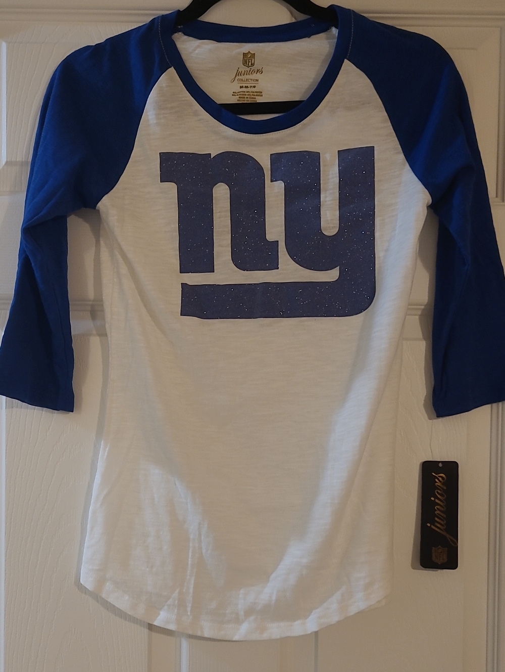 NFL White Raglan Tee with Royal Blue Sleeves and Glitter NY Logo